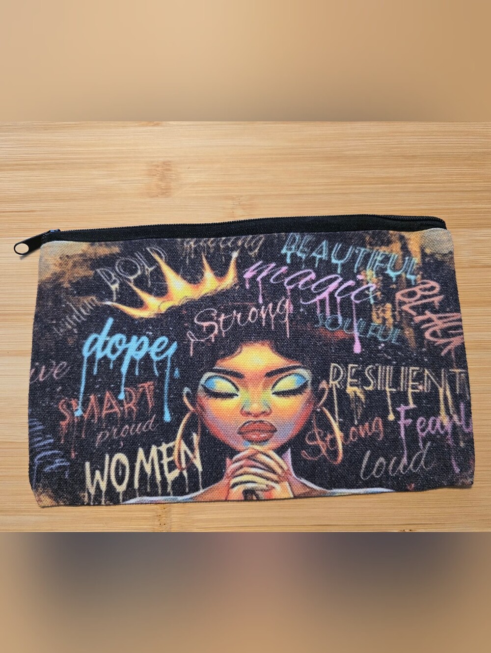 👑 NWOT Black Girl Magic Canvas Makeup Bag Zipper Pouch Melanin Queen Graffiti